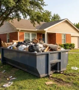 Dumpster Sizes 2 Dark navy blue 10-yard roll-off dumpster filled with household trash placed on the front lawn near a tree outside a residential brick home in Wichita Falls, Texas.