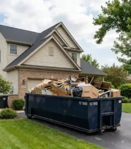 Dumpster Sizes 3 A blue '15 Yard Dumpster Services' container filled with construction and household waste in a residential driveway in front of a two-story house.