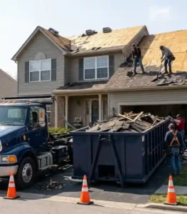 Dumpster Sizes 4 A high-quality photo of roofers replacing a residential roof on a suburban home. Two men are on the sloped roof tearing off old shingles, while a large navy blue 20 yard dumpster truck collects debris on the driveway next to orange safety cones.