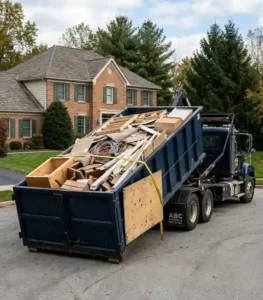 Dumpster Sizes 5 A 30-yard dark navy blue dumpster delivered by a roll-off truck filled with remodeling debris and furniture outside a residential home for an estate cleanout .