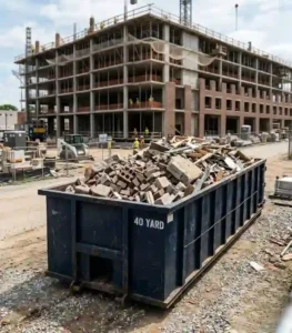 Dumpster Sizes 6 A heavy-duty 40-yard dark navy roll-off dumpster filled with concrete, bricks, and construction debris placed at an active building site.