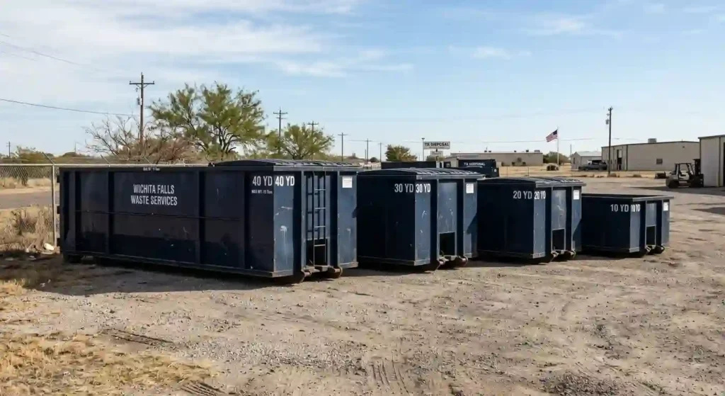 Dumpster Sizes 1 Dark navy blue roll-off dumpsters lined up side-by-side in 10, 20, 30, and 40-yard sizes at a waste management yard in Wichita Falls, Texas.