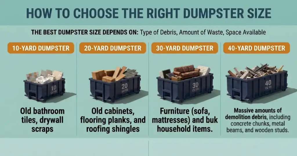 Dumpster Sizes 7 Infographic titled 'How to Choose the Right Dumpster Size' displaying four dark navy blue roll-off dumpsters labeled 10-Yard, 20-Yard, 30-Yard, and 40-Yard against a light teal background with waste types described underneath.