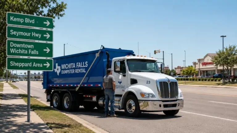 Services 1 Wichita Falls Dumpster Rental truck parked near road signs pointing to Kemp Blvd, Seymour Hwy, Downtown Wichita Falls, and Sheppard Area.