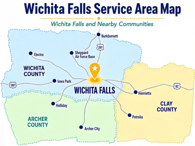 HOME 12 Map showing Wichita Falls dumpster rental service areas including Sheppard Air Force Base, Iowa Park, Burkburnett, Henrietta, Archer City, Petrolia, Electra, Holliday, Wichita County, Archer County, and Clay County